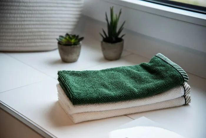 Stack of clean towels next to small potted plants by window
