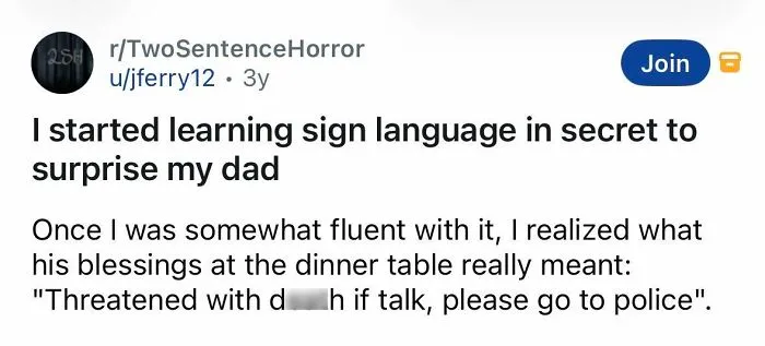 Spine-chilling story revealing secret sign language and a chilling dinner table message