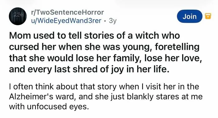 Short spine chilling stories about a witch curse causing loss and Alzheimer’s