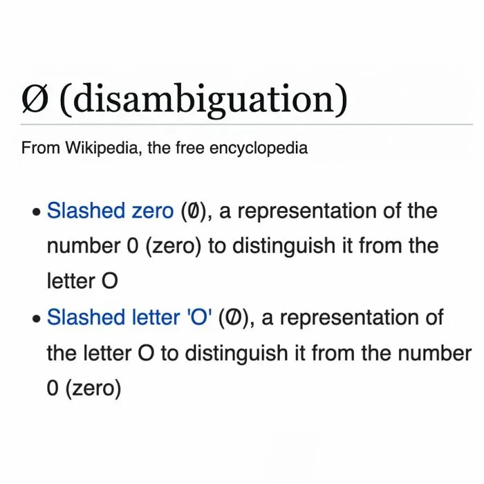 Disambiguation of slashed zero and slashed letter O on Wikipedia page