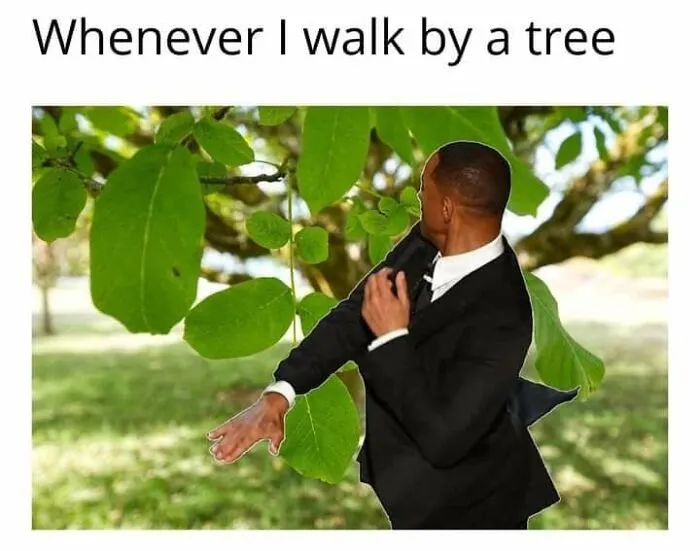 A humorous meme featuring Will Smith trying to avoid touching a tree while walking by it.