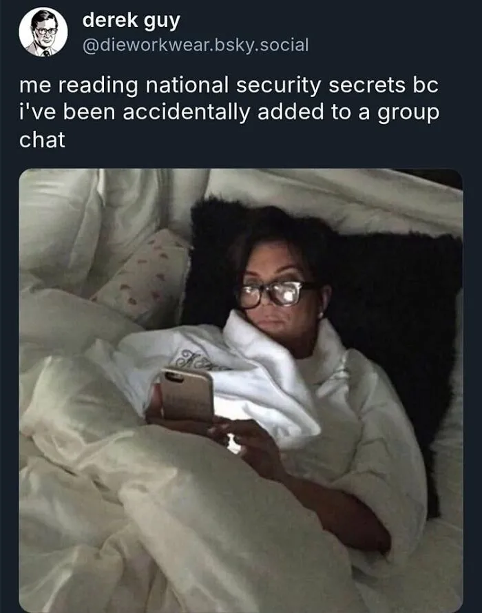 A meme of Kris Jenner in bed, wearing glasses and a robe, looking at her phone, depicting reading secrets in a group chat.