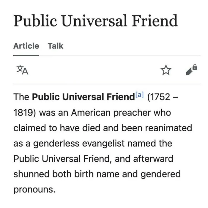 Public Universal Friend genderless evangelist Wikipedia article excerpt
