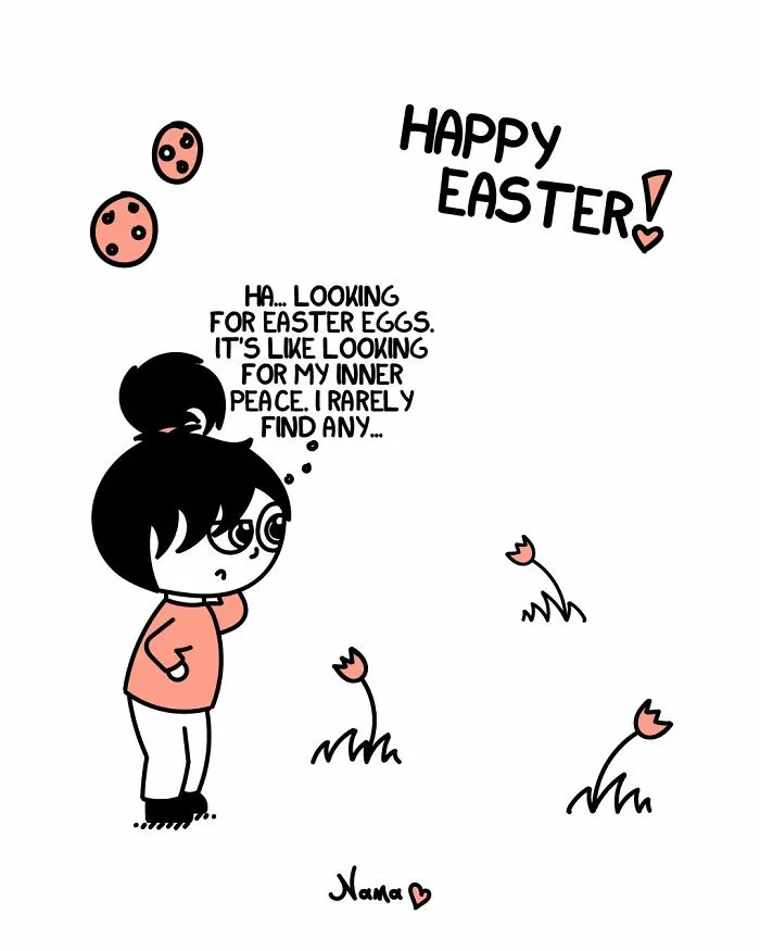 Relatable comic about the struggles of looking for Easter eggs and comparing it to finding inner peace.