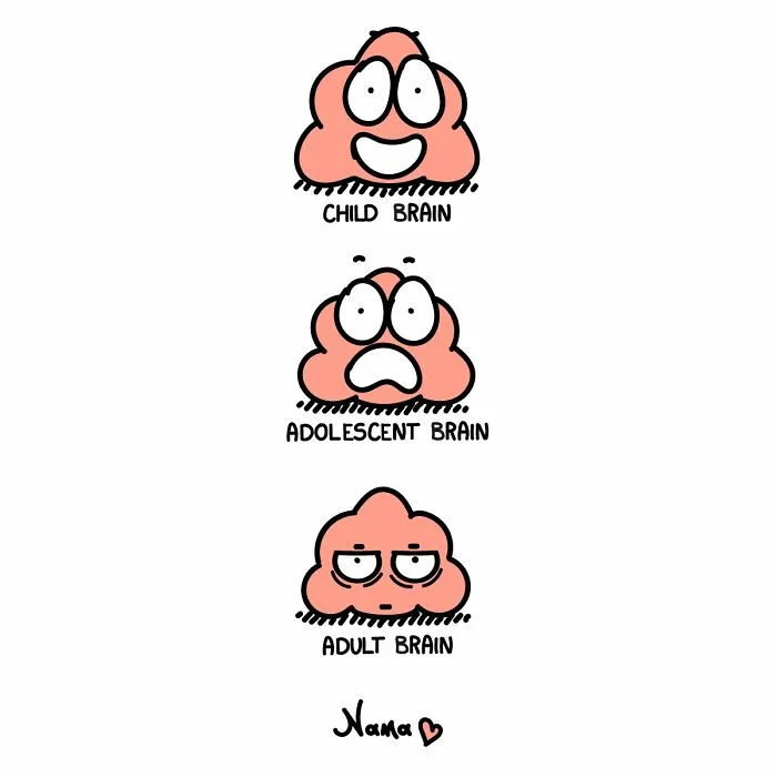 Go Nana's World comic: child, adolescent, and adult brains, highlighting relatable struggles.