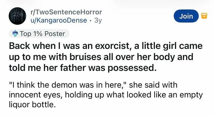 Spine chilling exorcist story about a girl with bruises claiming her father possessed