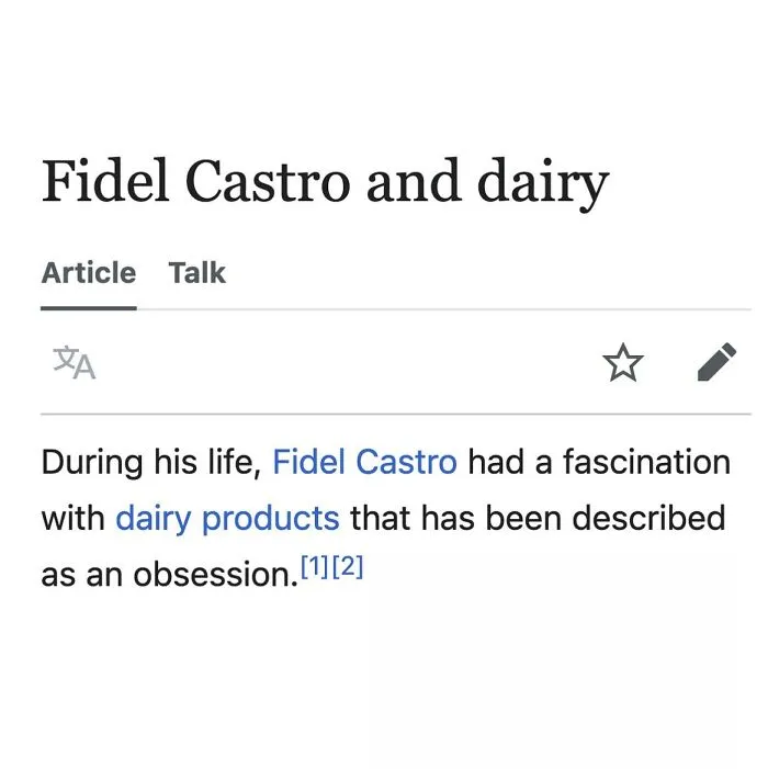 Fidel Castro's dairy products obsession on Wikipedia page