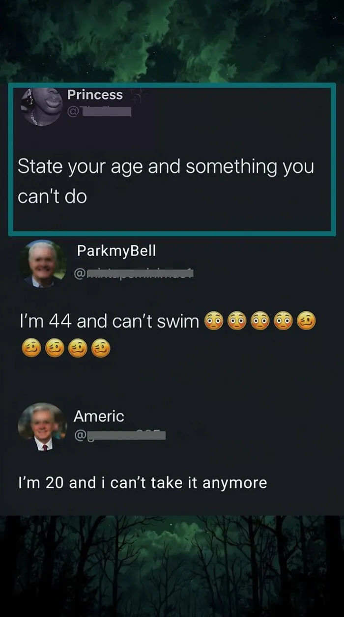 A post asking to State your age and something you can't do, with two funny comments as replies.