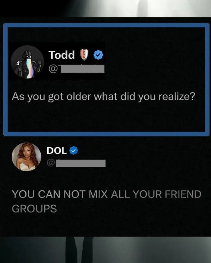 A funny comment about not mixing friend groups as you get older, shared on a social media post.
