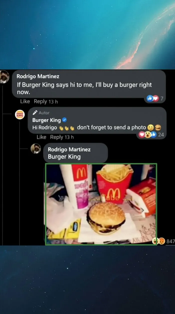 A screenshot of funny comments showing Burger King interacting with a user and the user posting a picture of their burger.