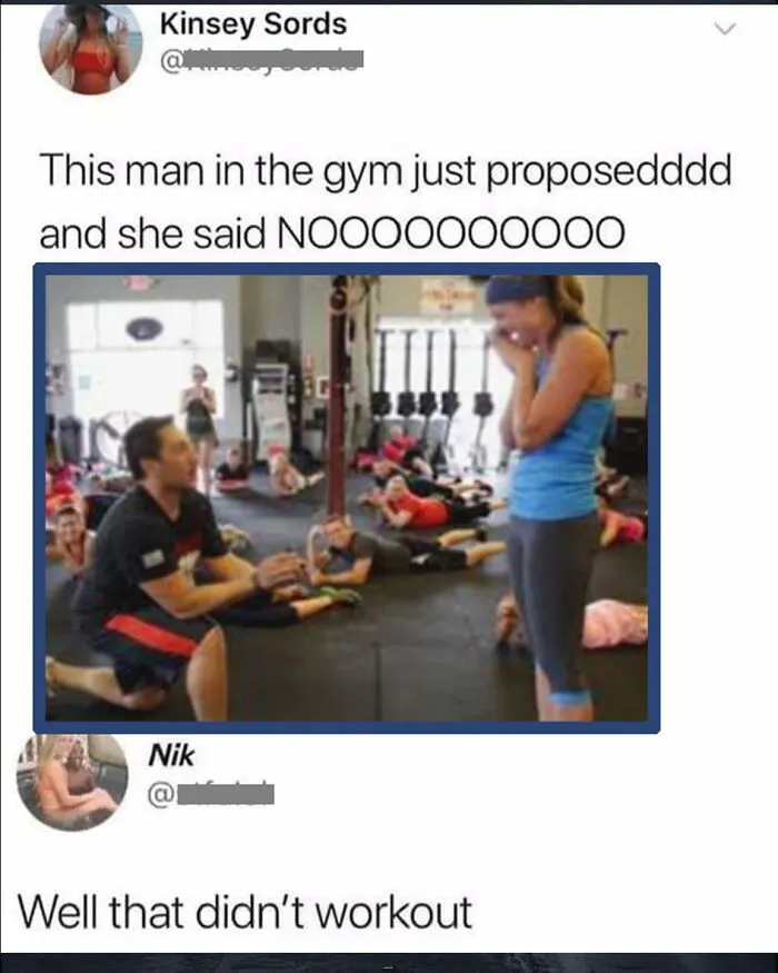 Funny comment on a gym proposal gone wrong, showing a man kneeling and a woman reacting with surprise.
