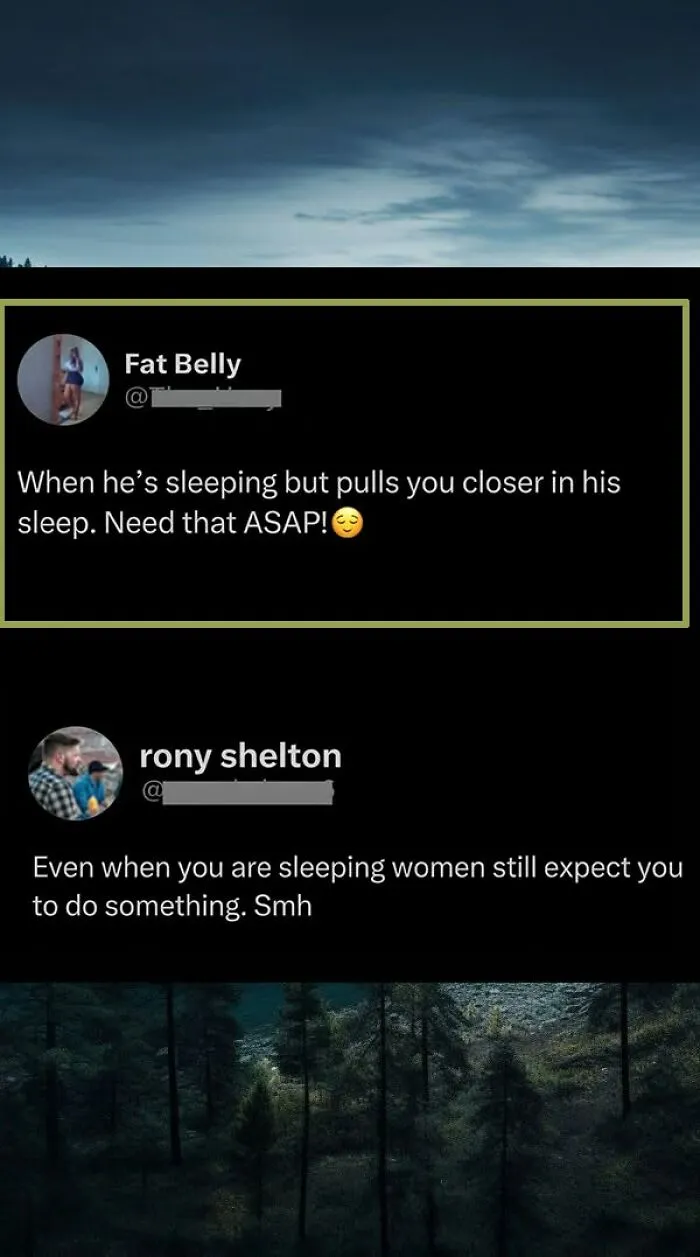 A funny social media comment about men pulling partners closer in sleep, funnier than the original posts.