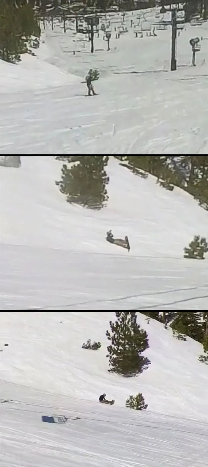 Three sequential Google Street View photos showing a person skiing down a snowy hill, falling, and sliding.
