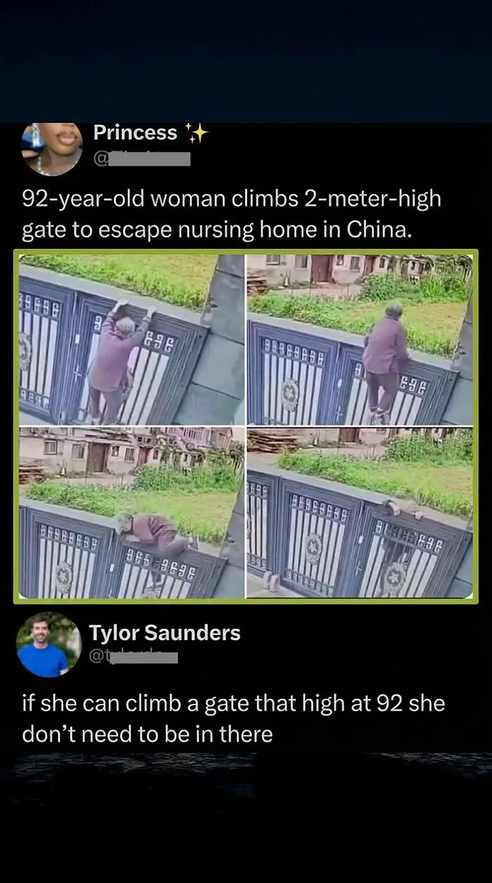 A 92-year-old woman climbing a gate to escape a nursing home, a great comment.