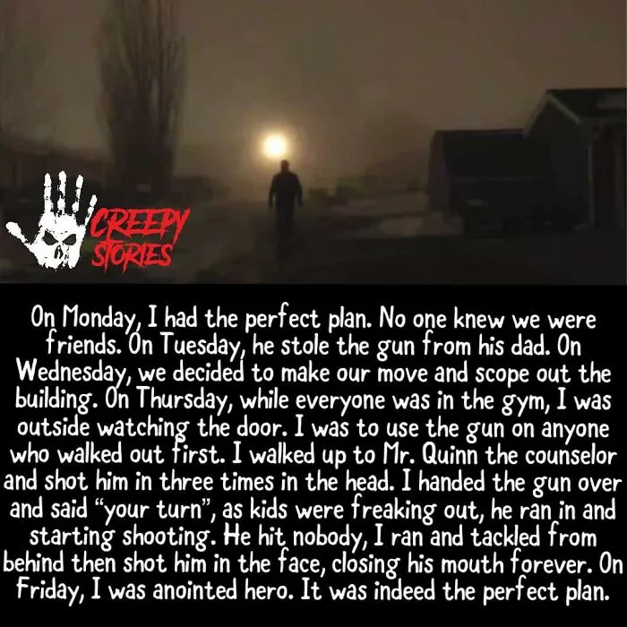 Silhouette of person at night with gun described in creepy story