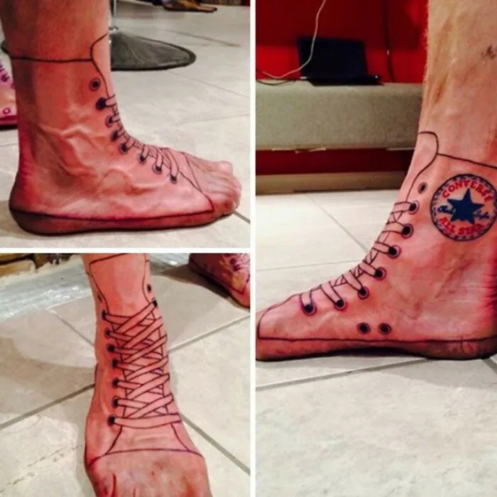 A foot with a Converse shoe tattoo, a hilarious tattoo fail.