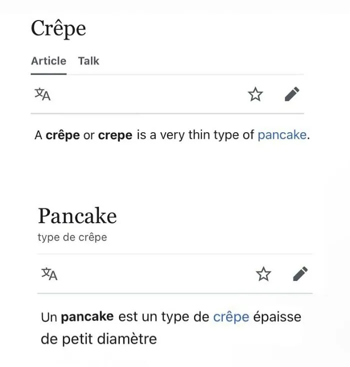 Wikipedia description explaining crepe as a thin type of pancake