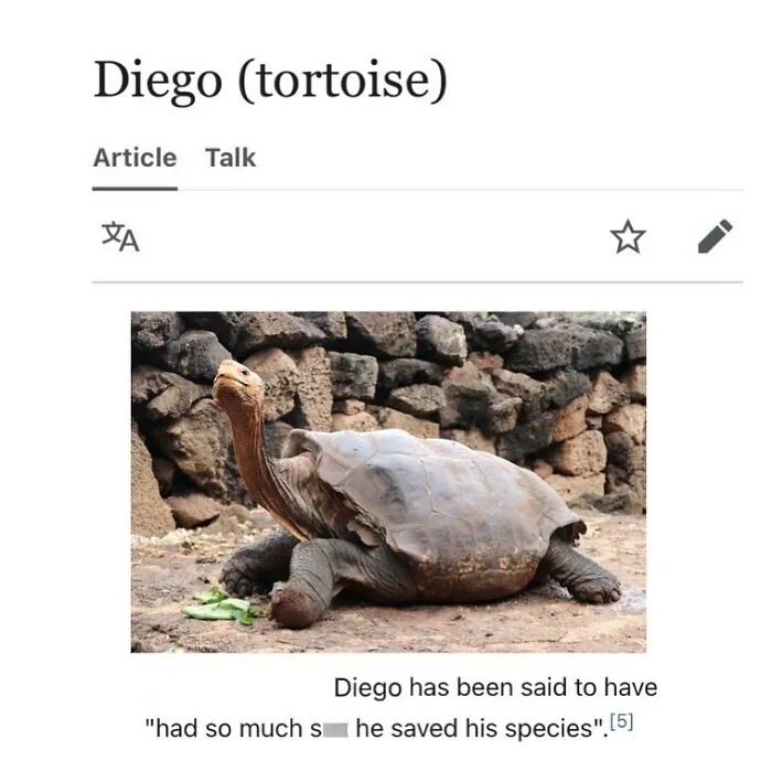 Wikipedia page showing Diego the tortoise with a photo