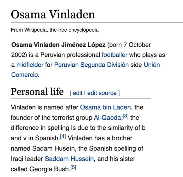 Wikipedia article excerpt about Osama Vinladen Peruvian footballer