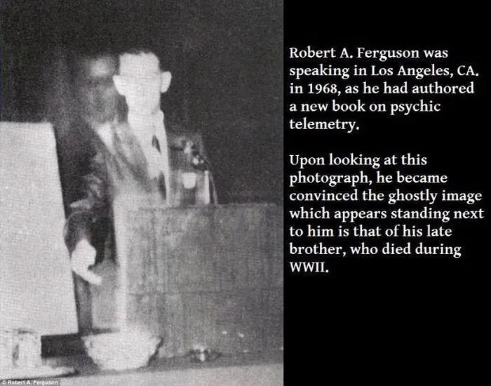 A black and white photograph of Robert A. Ferguson with a ghostly image of his brother, a terrifying fact.