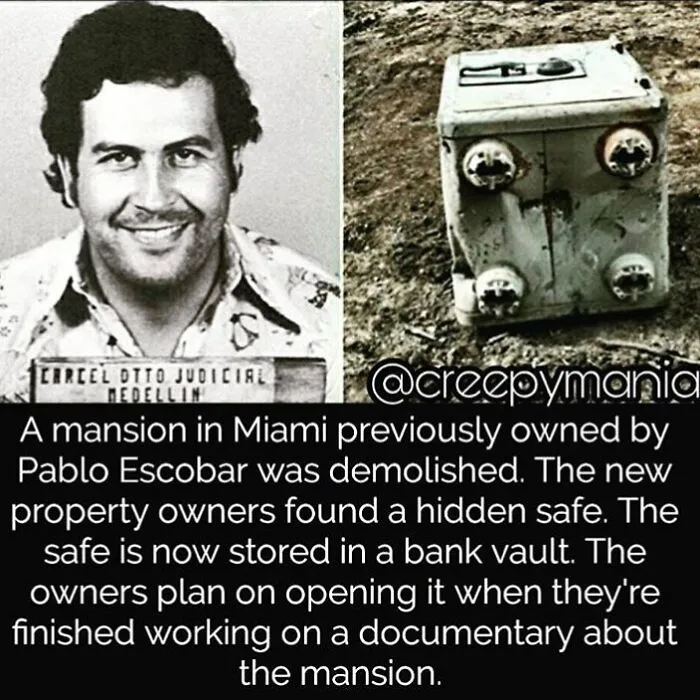 A mugshot of Pablo Escobar and a rusty safe found in his mansion, a terrifying fact and horror story of hidden secrets.