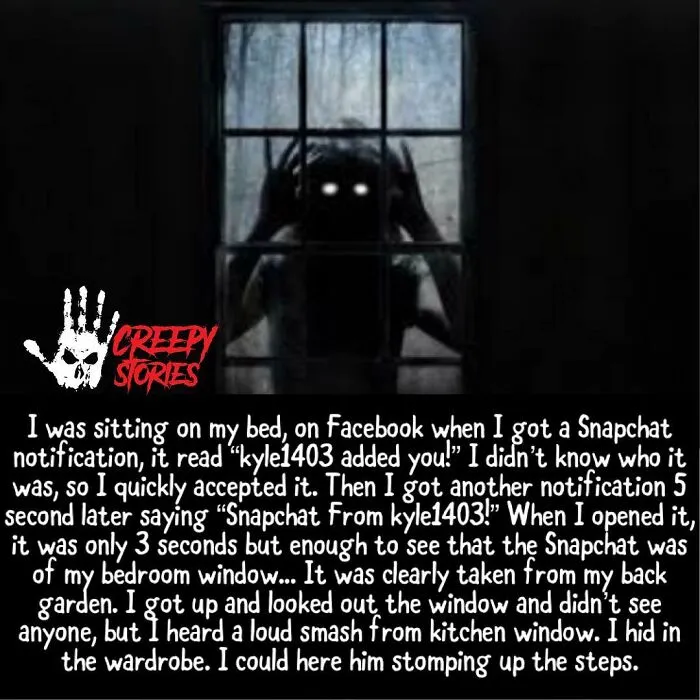 A shadowy figure with glowing eyes peers through a window, a terrifying visual from horror stories.