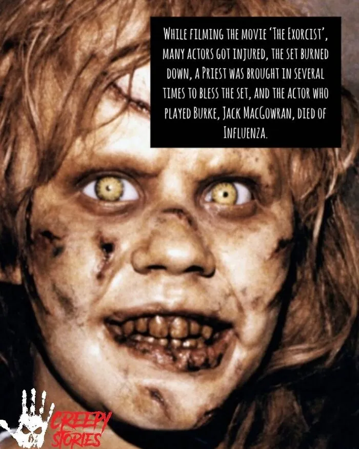 Close-up of a possessed child from The Exorcist, highlighting terrifying facts and horror stories from the movie's production.