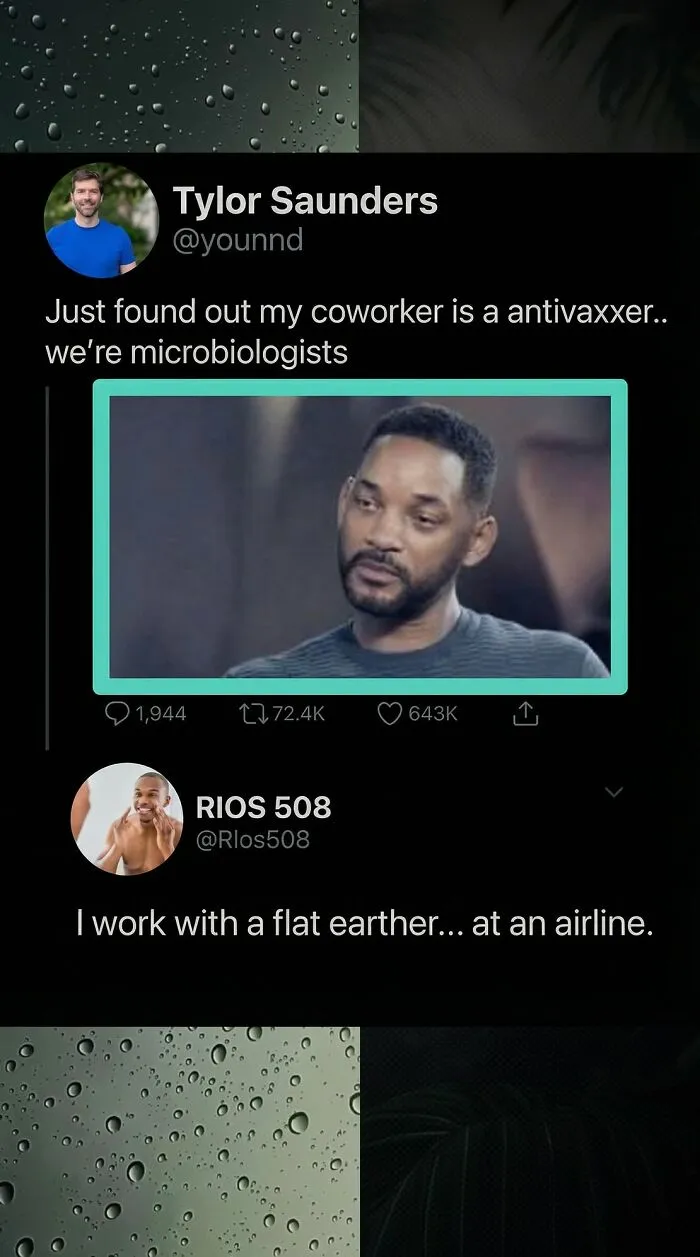 A funny comment about a microbiologist coworker who is an antivaxxer, featuring Will Smith's reaction.