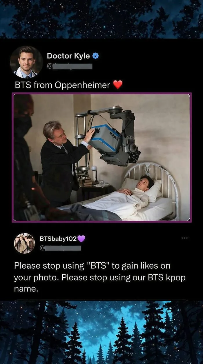 A funny comment regarding the use of BTS in Oppenheimer, with a user complaining about its misuse.