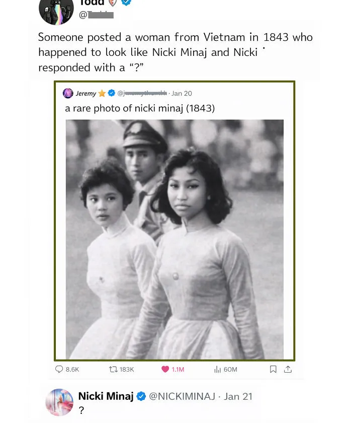 A funny comment about a rare photo of Nicki Minaj, with Nicki Minaj questioning the post.