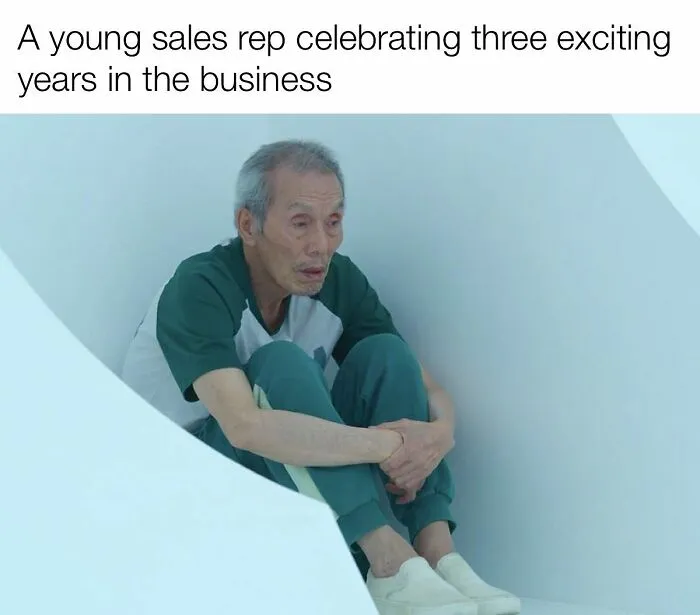 Tired elderly man captioned as young sales rep after three years in sales