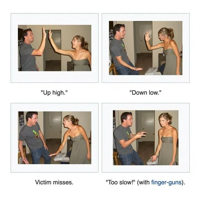 Sequence of photos showing hand slaps game with finger guns