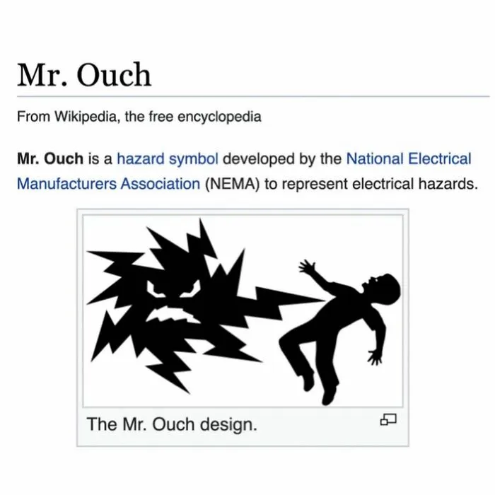 Mr. Ouch hazard symbol representing electrical dangers by NEMA