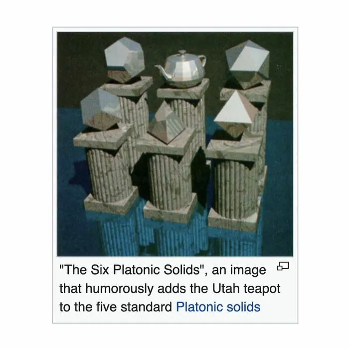Image of the Six Platonic Solids with a Utah teapot added humorously