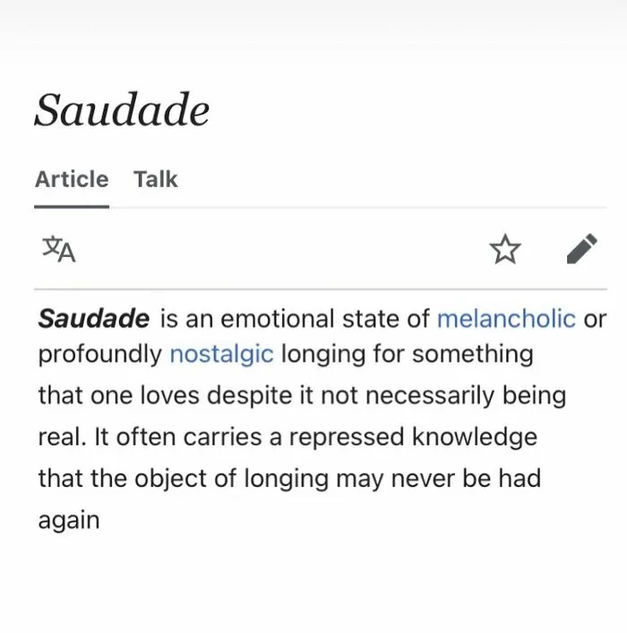 Saudade emotional state of nostalgic longing explained on Wikipedia page