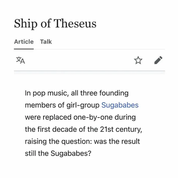 Ship of Theseus pop music example with Sugababes band member replacements