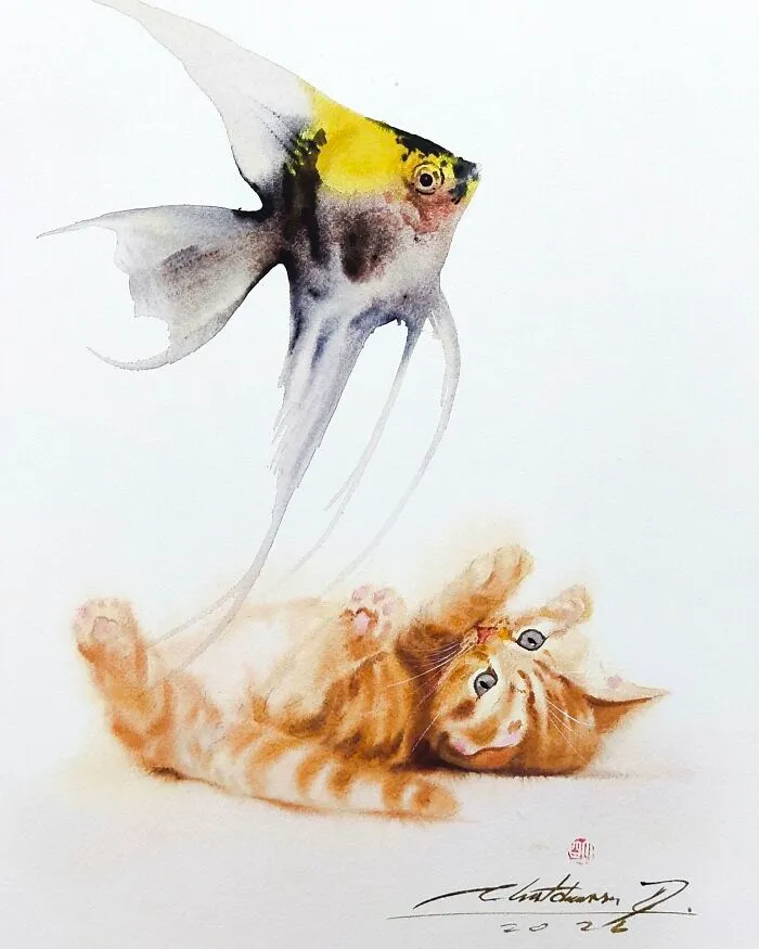 This Artist’s Watercolor Cat Paintings Are Full Of Personality And Charm (45 Pics)