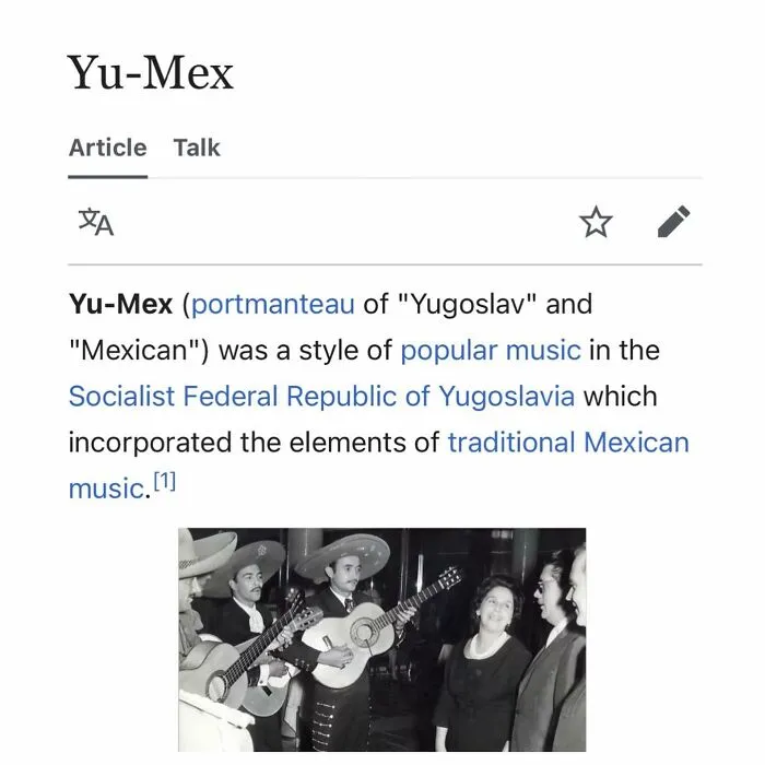 Yu-Mex Wikipedia page highlighting Yugoslav-Mexican music style with vintage musicians photo