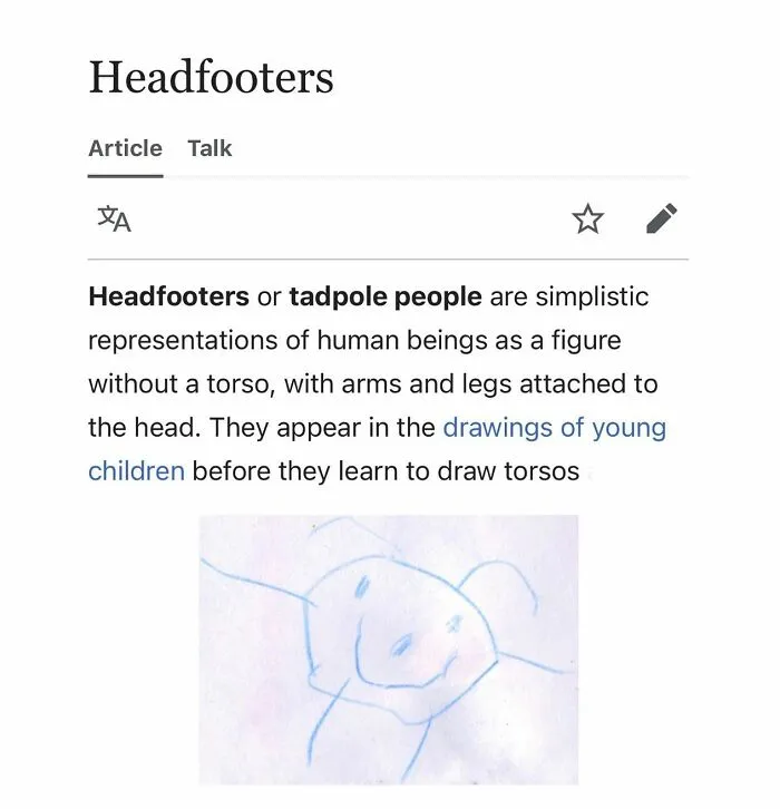 Wikipedia page on headfooters children's simplistic human figure drawings