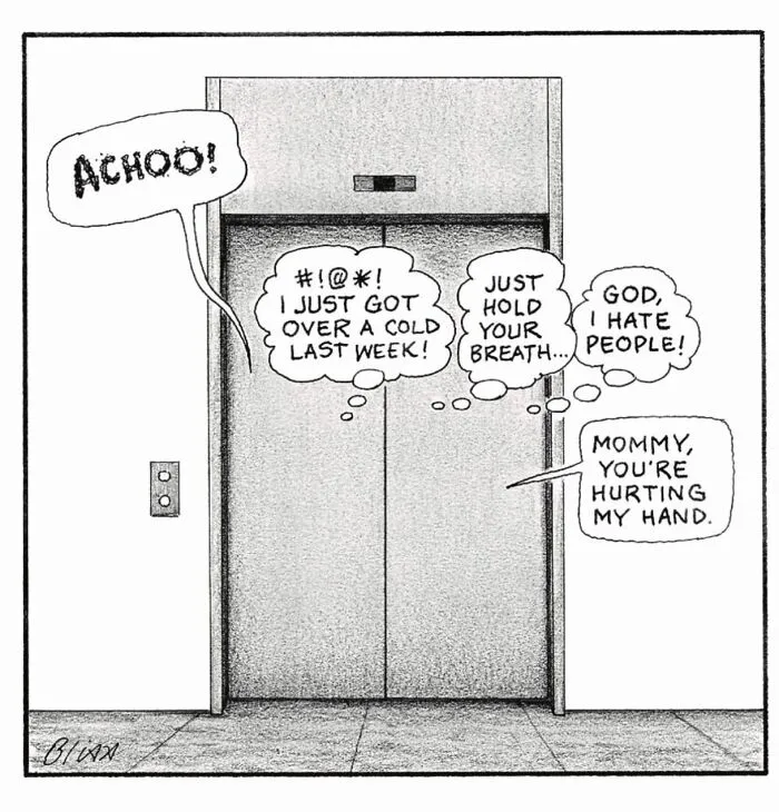 New Yorker Magazine cartoonist creates a clever one-panel comic about an elevator.