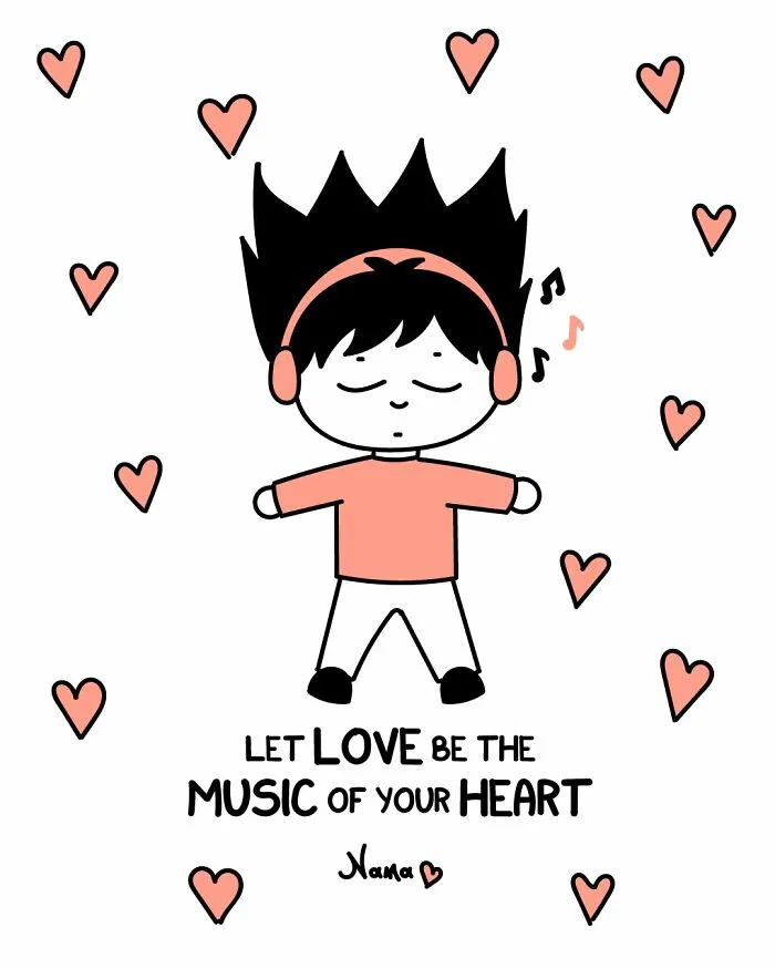 A Nana's World comic illustrating a person enjoying music, surrounded by hearts. This relatable comic shows common struggles.