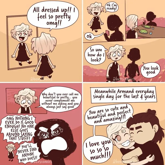 A comic by Krysten Bevilaqua highlights the desire for compliments and validation in a relationship.
