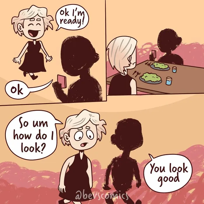 A comic by Krysten Bevilaqua portrays a character getting ready for a date and asking for a compliment.