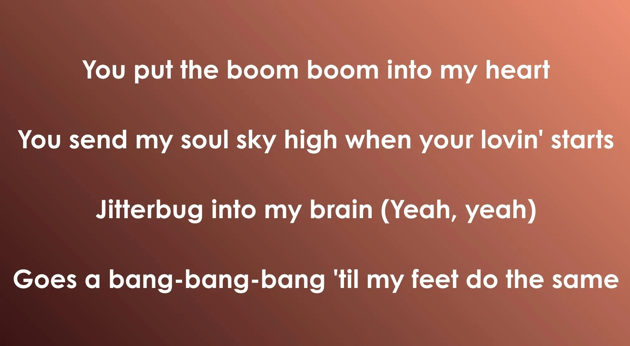 Image displays opening lyrics for 70s & 80s songs, asking users to identify the song: You put the boom boom into my heart, You send my soul sky high when your lovin' starts, Jitterbug into my brain (Yeah, yeah), Goes a bang-bang-bang 'til my feet do the same.