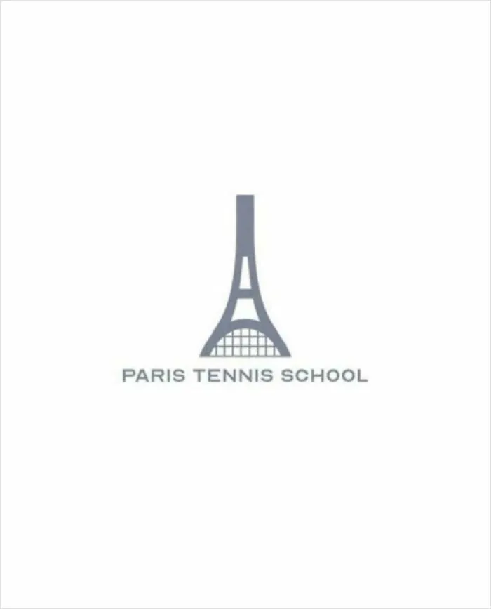 Minimalism Paris tennis school logo combining Eiffel Tower with tennis racket