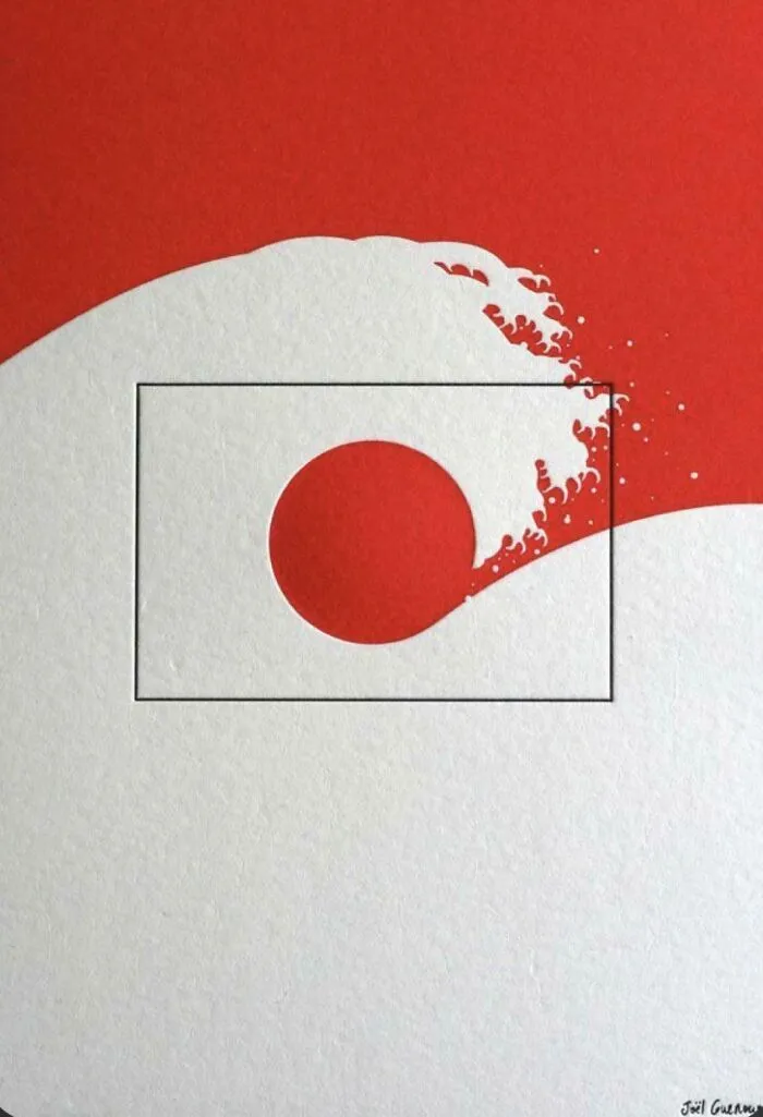 Minimalism artwork of Japanese flag with wave pattern in red and white
