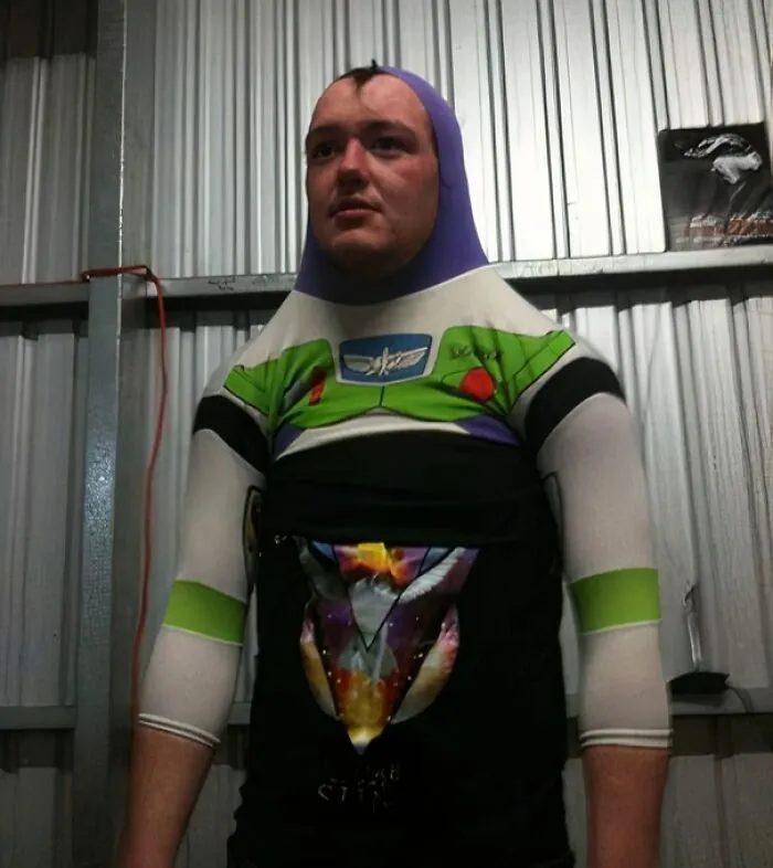 Man dressed in humorous Buzz Lightyear costume