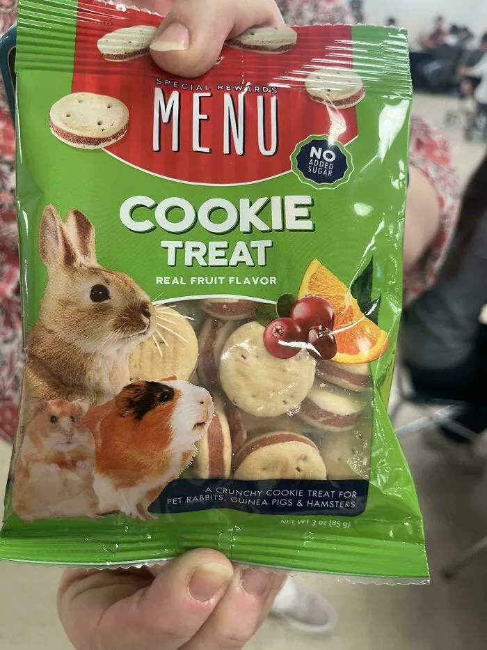 Nunca había visto esto en todos mis años de docencia. Un niño tenía esto hoy como parte de su almuerzo, son galletas para roedores. ¡Vaya fallo de la madre!