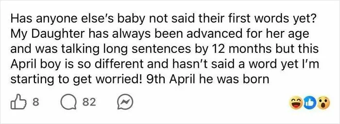 Parent worries about baby not speaking first words compared to older sibling