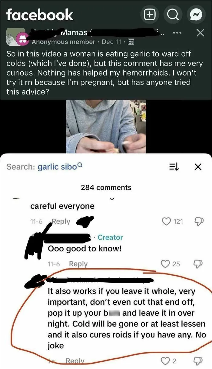 Parent discusses garlic remedy for hemorrhoids and colds in viral parenting post